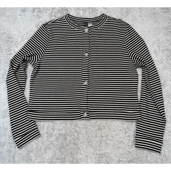 H&M Black White Striped Cotton Blend Cardigan Jacket Womens Size L NWT - Picture 1 of 7